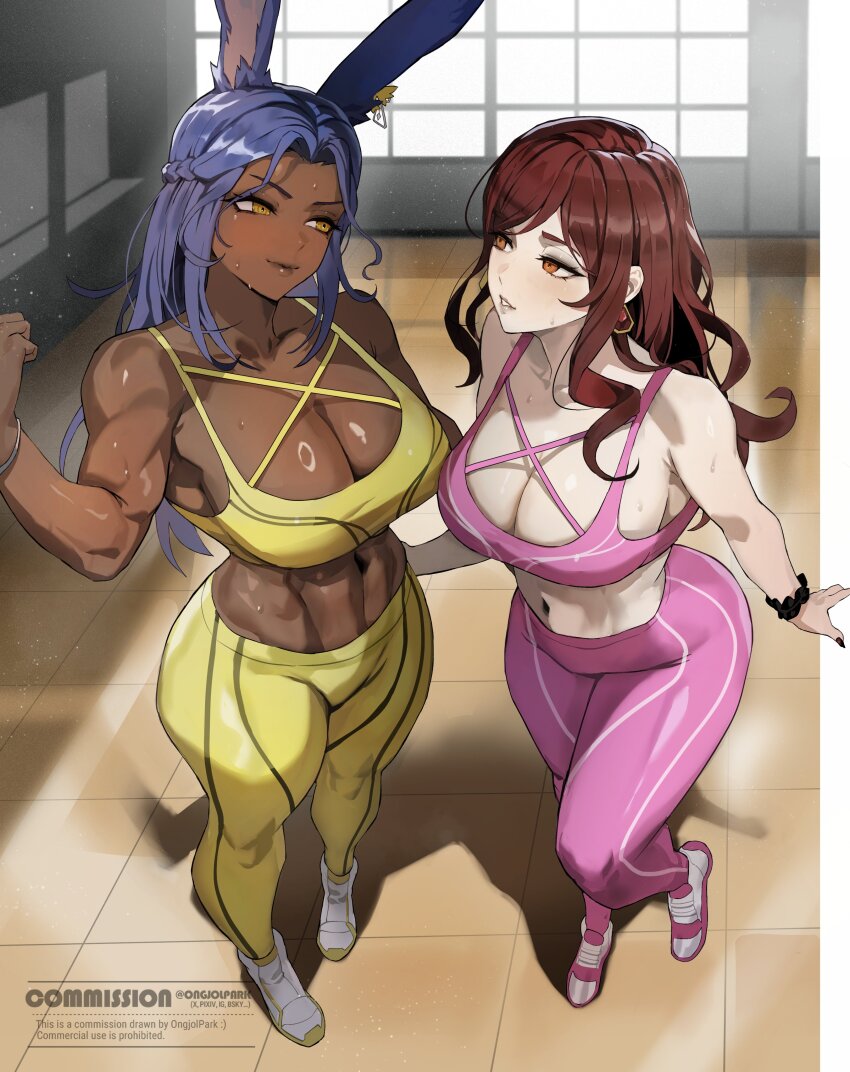 2girls abs absurdres animal_ears blue_hair braid breasts brown_hair cleavage closed_mouth color_coordination commentary commission cross-laced_clothes cross-laced_top dark-skinned_female dark_skin ear_ornament earrings eileenza_zargoth_(pridewolven) english_commentary eye_contact final_fantasy final_fantasy_xiv flexing full_body gem half_up_braid hand_on_another&#039;s_hip highres indoors jewelry large_breasts long_hair looking_at_another matching_outfits midriff multiple_girls muscular muscular_female navel orange_eyes original pants park_ongjol parted_bangs parted_lips pink_pants rabbit_ears rabbit_girl red_gemstone reduvia_novalighter_(reduvian) reverse_palettes ring_light_reflection scrunchie shadow shoes smile sneakers sports_bra standing sweat tile_floor tiles twitter_username viera warrior_of_light_(ff14) watermark wavy_hair window wrist_scrunchie yellow_eyes yellow_pants yellow_sports_bra yoga_pants yuri