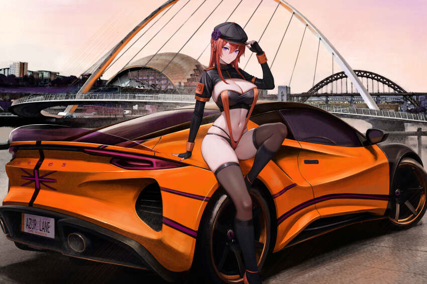 1girl absurdres alternate_costume azur_lane bridge building car character_name cityscape copyright_name england gateshead_millenium_bridge glasshouse_international_centre_for_music hat highres kcar66t license_plate long_sleeves looking_at_viewer lotus_(brand) lotus_emira monarch_(azur_lane) motor_vehicle newcastle_(city) on_car product_placement race_queen real_world_location red_hair river shrug_(clothing) sitting sports_car thighhighs tyne_bridge united_kingdom vehicle_focus