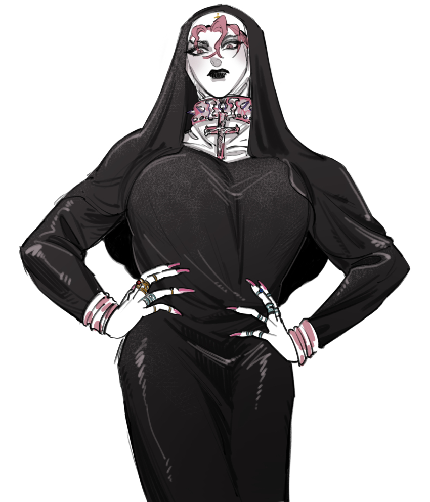 1boy absurdres ambush_(trap) androgynous black_lips chlyaco christianity cross crossdressing crossdressing_(mtf) dio_brando highres jojo_no_kimyou_na_bouken lipstick looking_at_viewer makeup monochrome nun solo traditional_nun vampire