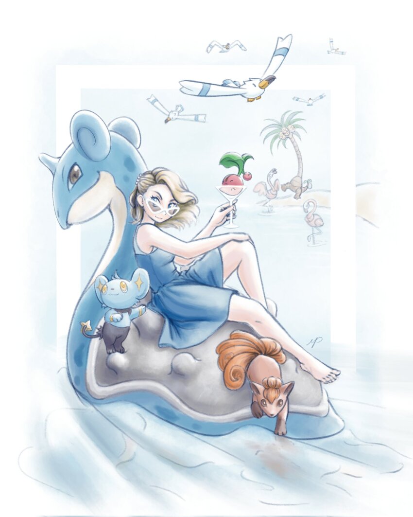 1girl alolan_exeggutor alolan_form barefoot blonde_hair blue_dress blue_eyes cherubi cocktail_glass cup dress drinking_glass flamigo gen_1_pokemon gen_3_pokemon gen_4_pokemon gen_7_pokemon highres lapras mgishere nintendo pokemon pokemon_(creature) shinx short_hair smile sundress sunglasses taylor_swift vulpix water wingull