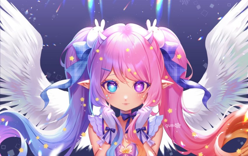 alternate_costume angel_wings blonde_hair blue_bow blue_eyes blue_hair bow brooch chromatic_aberration commentary demon_horns dress emberlith eyelashes facing_viewer floating_hair gloves gradient_hair gumae hair_between_eyes hair_bow hair_ornament hands_up heterochromia holding holding_own_hair horns indie_virtual_youtuber jewelry looking_at_viewer magical_girl multicolored_hair neck_ribbon pink_bow pink_hair pointy_ears purple_background purple_eyes purple_hair rabbit_hair_ornament ribbon sidelocks signature sleeveless sleeveless_dress star-shaped_pupils star_(symbol) star_brooch star_hair_ornament sticker_on_face symbol-shaped_pupils twintails upper_body virtual_youtuber white_gloves wings wrist_bow wrist_ribbon
