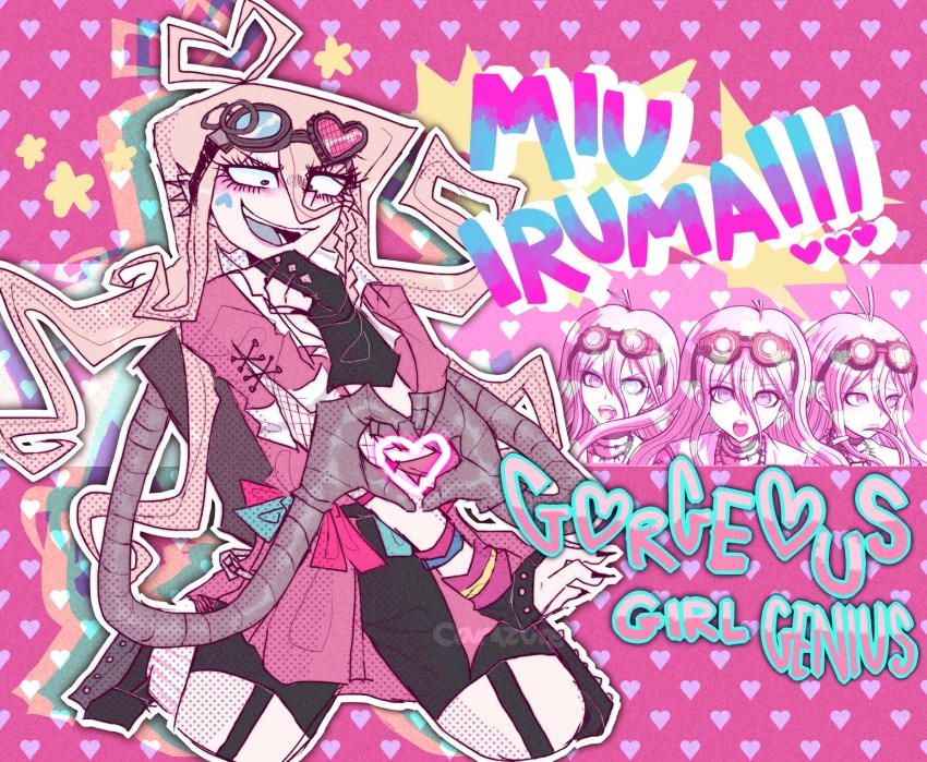 1girl adapted_costume antenna_hair asymmetrical_eyewear black_boots black_gloves black_nails blonde_hair blue_eyes blue_tongue blush boots braid character_name colored_tongue commentary danganronpa_(series) danganronpa_v3:_killing_harmony ear_piercing english_commentary english_text eyelashes facial_mark fingerless_gloves fingernails fishnets full_body gloves goggles goggles_on_head hair_between_eyes hand_on_own_chin heart heart_antenna_hair heart_background heart_facial_mark heart_hands highres iruma_miu kneeling long_hair mechanical_arms messy_hair nail_polish official_art_inset open_mouth outline piercing pink_background pink_shirt pink_skirt shirt short_sleeves single_braid skirt smile solo teeth white_outline zurabyte