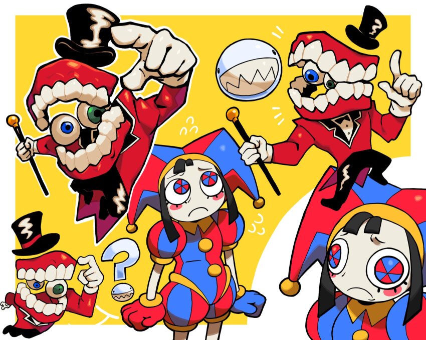 1boy 1girl ? asymmetrical_gloves black_hair black_pants blue_eyes blue_gloves blue_headwear brosauce bubble_(the_amazing_digital_circus) caine_(the_amazing_digital_circus) cane closed_mouth cowboy_shot dentures floating formal_clothes frown full_body gloves green_eyes hat hat_bell heterochromia highres jacket jester jester_cap levitation multicolored_eyes multicolored_headwear pants pomni_(the_amazing_digital_circus) puffy_sleeves red_eyes red_gloves red_headwear red_jacket sharp_teeth suit teeth the_amazing_digital_circus top_hat two-tone_eyes white_gloves