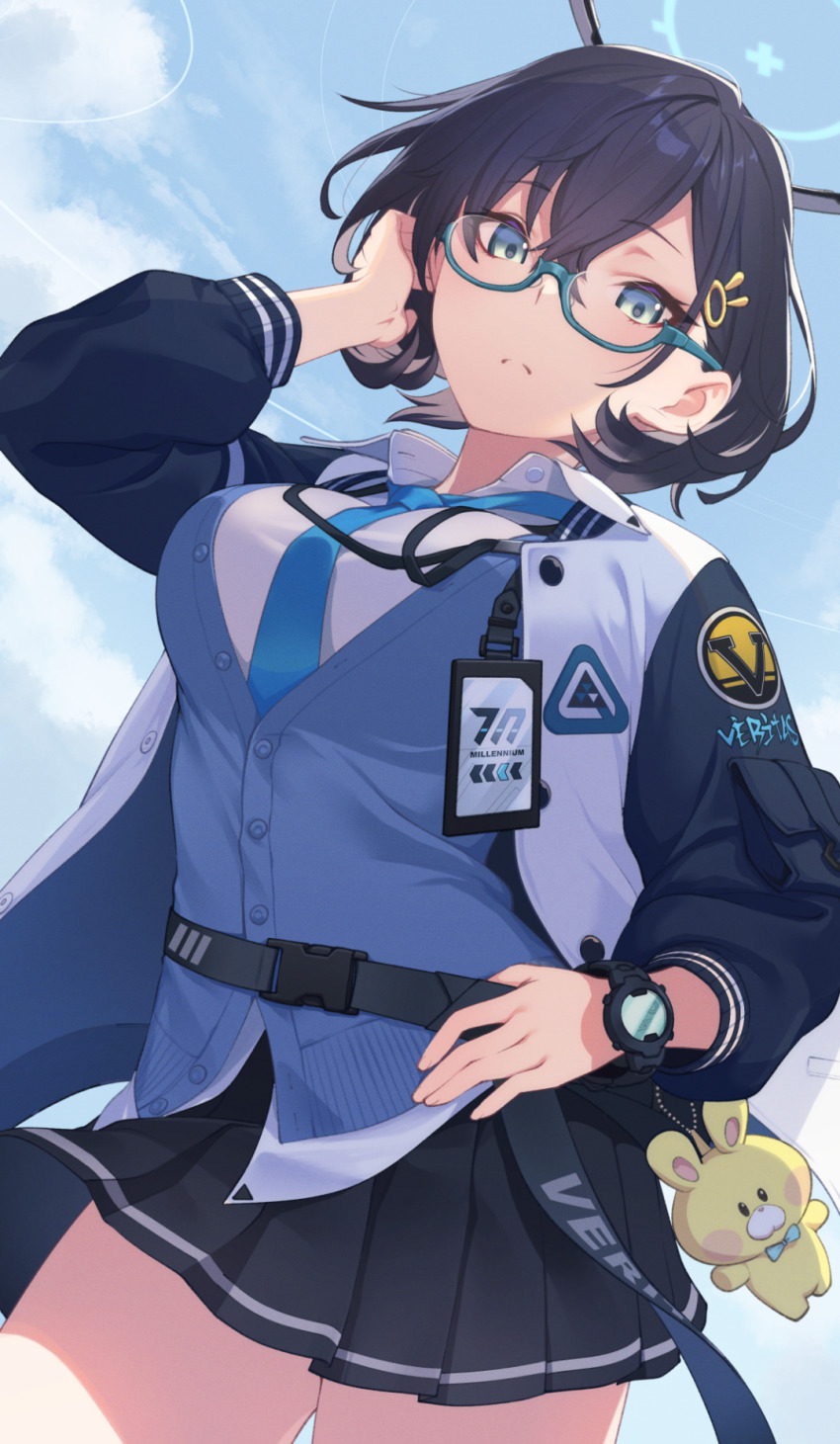 1girl black_hair black_skirt blue-framed_eyewear blue_archive blue_eyes blue_necktie blue_sky blue_vest breasts chihiro_(blue_archive) commentary cowboy_shot frown glasses hair_between_eyes hair_ornament hairclip halo hand_in_own_hair highres hikichi_sakuya id_card jacket lanyard large_breasts long_sleeves looking_at_viewer necktie open_collar pleated_skirt semi-rimless_eyewear shirt short_hair skirt sky solo under-rim_eyewear vest watch white_shirt wristwatch