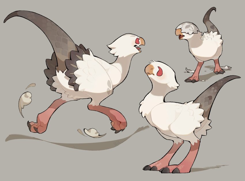 age_progression animal_focus baby_animal beak bird bul_(moiko) chick claws covered_eyes dust_cloud eggshell eggshell_hat feathers from_side full_body grey_background highres multiple_views no_humans open_mouth original red_eyes running scales simple_background standing tail