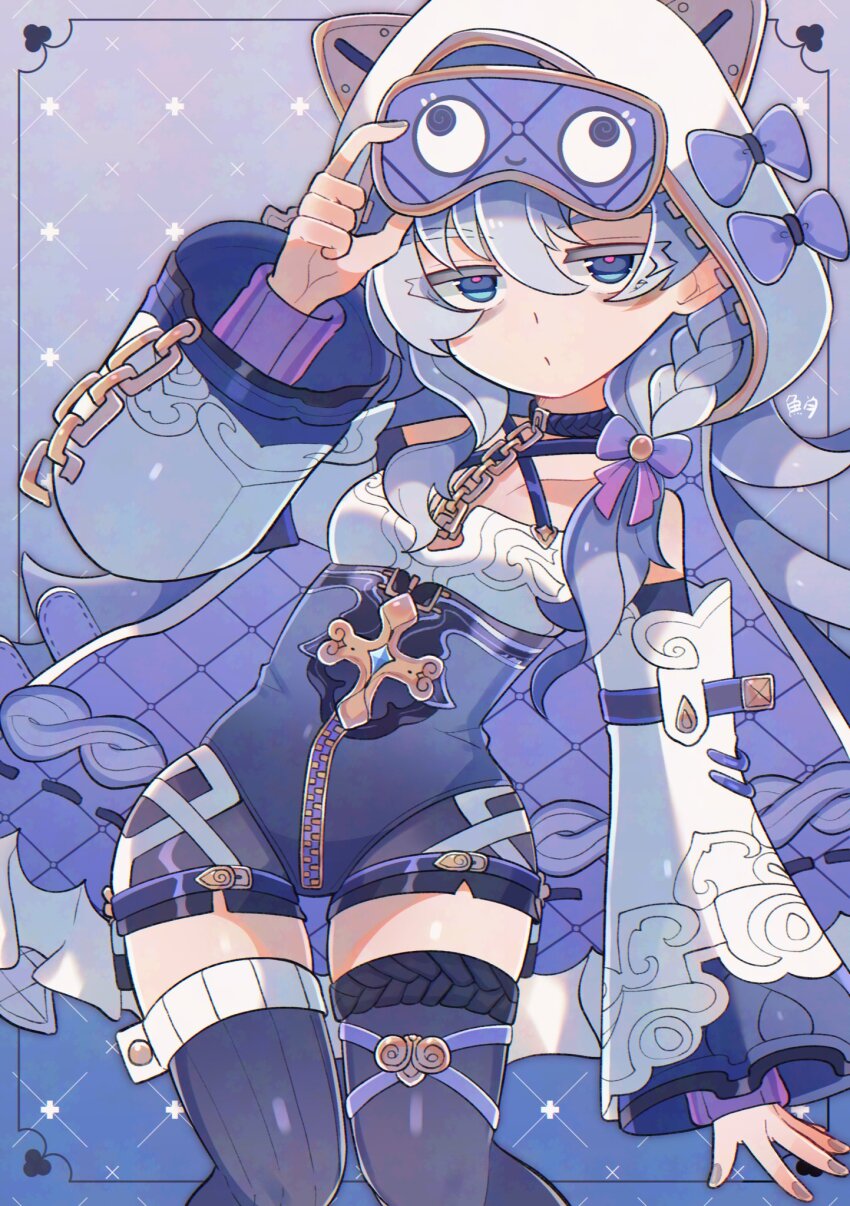 1girl blue_eyes breasts chain choker hair_ribbon highres honkai_(series) honkai_impact_3rd hood hood_up long_hair long_sleeves looking_at_viewer pantyhose petite pink_pupils ribbon ribbon_hair sleep_mask small_breasts theresa_apocalypse theresa_apocalypse_(schicksal&#039;s_imperative) thighhighs thighs uouomon0808 very_long_hair white_hair zipper