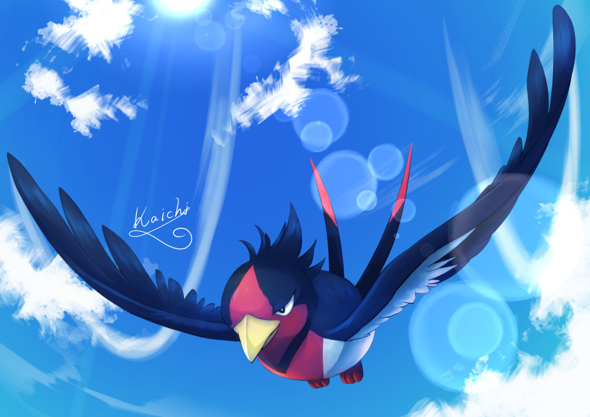 absurdres animal_focus bird cloud commentary_request day flying full_body gen_3_pokemon highres kaichi_(tomiyu25) nintendo no_humans outdoors pokemon pokemon_(creature) pokemon_focus signature sky solo swellow