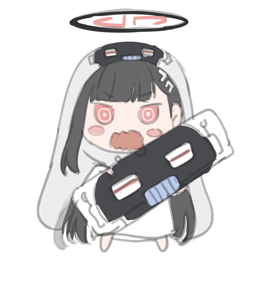 1girl absurdres avant_garde_(blue_archive) black_hair black_halo blue_archive bright_pupils cosplay dakimakura_(object) hair_ornament hairclip hairpin halo highres himouto!_umaru-chan holding holding_pillow hugging_object komaru_(himouto!_umaru-chan) komaru_(himouto!_umaru-chan)_(cosplay) long_hair open_mouth pillow pillow_hug red_eyes rio_(blue_archive) sketch solo very_long_hair wavy_mouth white_background white_pupils yuki_(asayuki101)