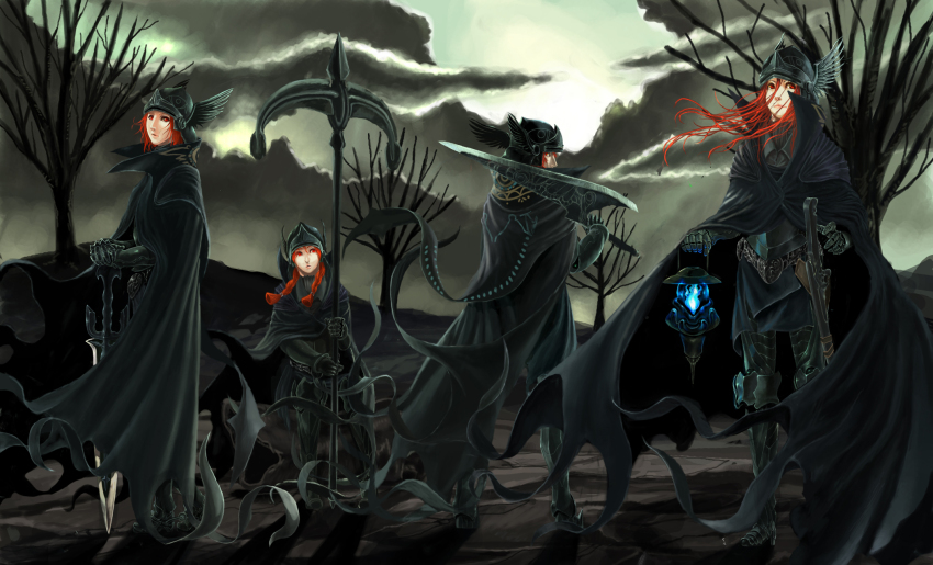 4girls ace_combat ace_combat_5 armor blue_fire braid breastplate cloak cloud cloudy_sky demon_of_razgriz fire full_armor gauntlets greaves helmet highres lantern log long_hair manderson multiple_girls polearm red_eyes red_hair scythe short_hair sitting sky standing sword tree twin_braids twintails weapon winged_helmet