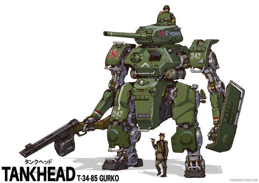 2boys cannon dieselpunk drum_magazine emerson_tung green_headwear green_jacket green_pants gun hammer_and_sickle highres jacket logo_parody magazine_(weapon) mecha mechanization military_vehicle motor_vehicle multiple_boys multiple_girls original pants ppsh-41 reactive_armor robot shield soviet_army standing submachine_gun t-34 tank weapon white_background