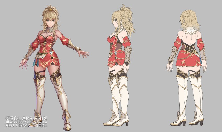 1girl anbe_yoshirou artist_name black_thighhighs blonde_hair boots breasts cleavage closed_mouth commentary_request copyright_notice detached_sleeves expressionless full_body green_eyes grey_background high_heel_boots high_heels highres medium_breasts medium_hair official_art ponytail red_sleeves romancing_saga_2 saga standing thigh_boots thighhighs white_boots