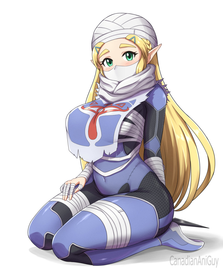 1girl alternate_costume blonde_hair breasts canadiananiguy cosplay green_eyes highres large_breasts long_hair nintendo princess_zelda sheik sheik_(cosplay) the_legend_of_zelda the_legend_of_zelda:_ocarina_of_time