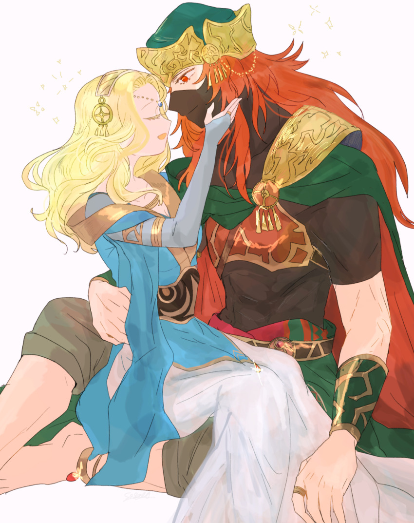 1boy 1girl abs alternate_costume aroejumping blonde_hair blue_dress caressing_cheek closed_eyes couple dress fire_emblem fire_emblem:_the_sacred_stones fire_emblem_heroes hetero highres joshua_(fire_emblem) joshua_(resolute_tempest)_(fire_emblem) long_hair mouth_veil natasha_(fire_emblem) nintendo official_alternate_costume open_mouth red_hair sitting sitting_on_lap sitting_on_person veil white_dress