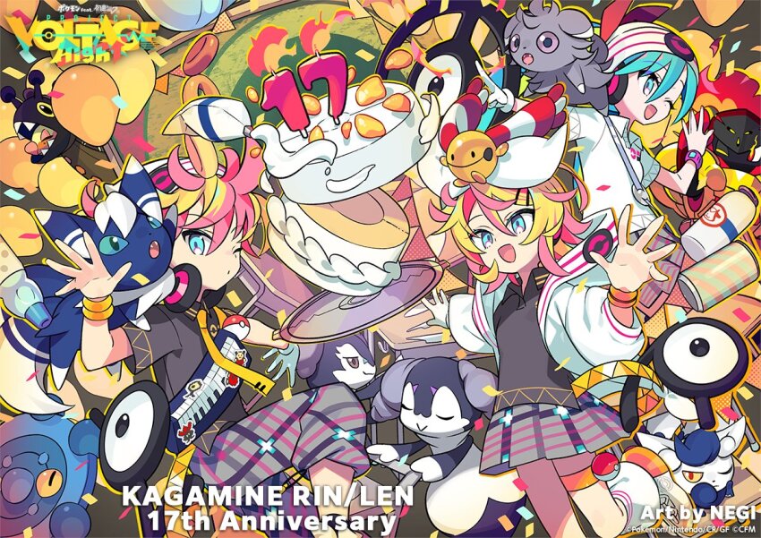 aqua_eyes armarouge beanie blonde_hair blue_eyes bow bronzor chingling collared_shirt espurr farigiraf gen_2_pokemon gen_4_pokemon gen_6_pokemon gen_8_pokemon gloves hair_bow hair_ornament hair_ribbon hairclip hat hatsune_miku headphones indeedee jacket kagamine_len kagamine_rin long_hair long_sleeves looking_at_viewer meowstic meowstic_(female) meowstic_(male) multiple_girls negi_(ulog&#039;be) nintendo official_art one_eye_closed open_mouth pokemon pokemon_(creature) project_voltage psychic_miku_(project_voltage) ribbon second-party_source shirt short_hair short_sleeves shorts siblings skirt smile twintails unown vocaloid white_shirt