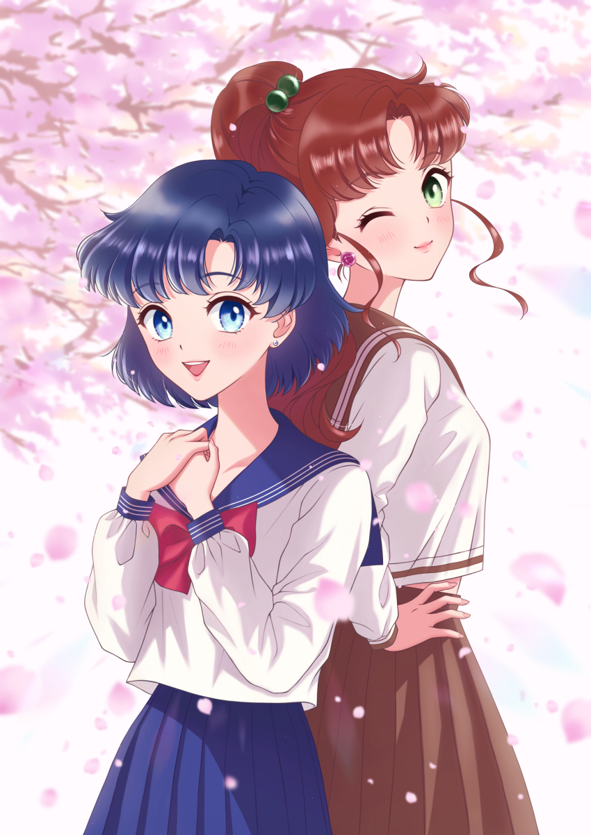 2girls bishoujo_senshi_sailor_moon blue_eyes blue_hair blue_sailor_collar blue_skirt bow bowtie breasts brown_hair brown_sailor_collar brown_skirt cherry_blossoms earrings flower_earrings green_eyes hair_bobbles hair_ornament height_difference highres jewelry juuban_middle_school_uniform kino_makoto kino_makoto&#039;s_school_uniform large_breasts lips long_skirt long_sleeves medium_hair medium_skirt midriff_peek mizuno_ami multiple_girls one_eye_closed pleated_skirt ponytail red_bow red_bowtie sailor_collar school_uniform serafuku shirt short_hair sidelocks skirt smile swept_bangs tsumagari_yuki white_shirt