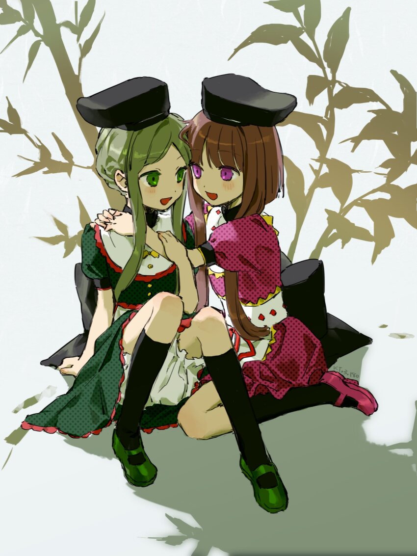 2girls apron ben-day_dots black_hat black_socks black_trim blonde_hair bloomers blunt_bangs brown_hair collar commentary dress gold_bowtie gold_buttons gold_trim green_dress green_eyes green_footwear hand_on_another&#039;s_arm hand_on_another&#039;s_shoulder hat highres hug kaigen_1025 kneehighs kneeling knees_up leaf light_blush long_sidelocks looking_at_another multiple_girls nishida_satono open_mouth parted_bangs purple_dress purple_eyes purple_footwear red_ribbon red_trim ribbon sash screentones shade short_hair sidelocks simple_background sitting smile socks tate_eboshi teireida_mai touhou tree underwear unmoving_pattern white_background white_bloomers white_collar white_sash