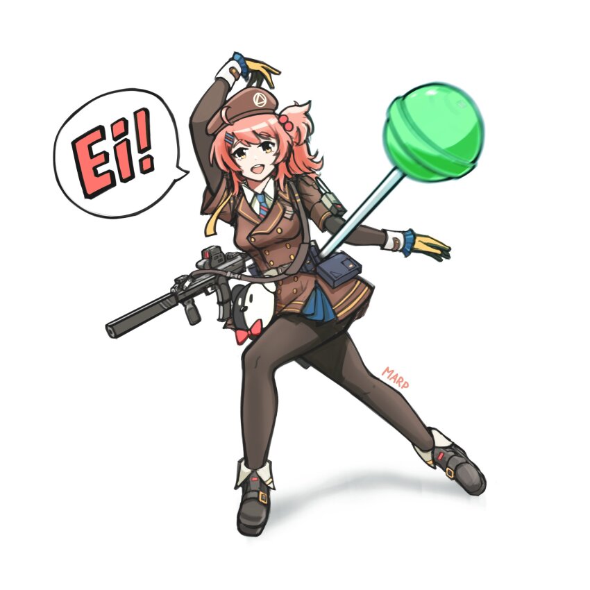 1girl ahoge anime_girl_throwing_things_(meme) ankle_boots arm_above_head artist_name bear_charm beret black_boots boots breasts brown_coat brown_hat candy cheeta_(girls&#039;_frontline_2) coat coat_dress collared_shirt dress food girls&#039;_frontline girls&#039;_frontline_2:_exilium gloves gun h&amp;k_mp7 hair_ornament hairclip hat highres lollipop looking_at_viewer marpaparp medium_breasts medium_hair meme mp7_(girls&#039;_frontline) necktie pantyhose pink_hair shirt side_ponytail solo speech_bubble submachine_gun suppressor teeth throwing upper_teeth_only weapon white_background yellow_eyes