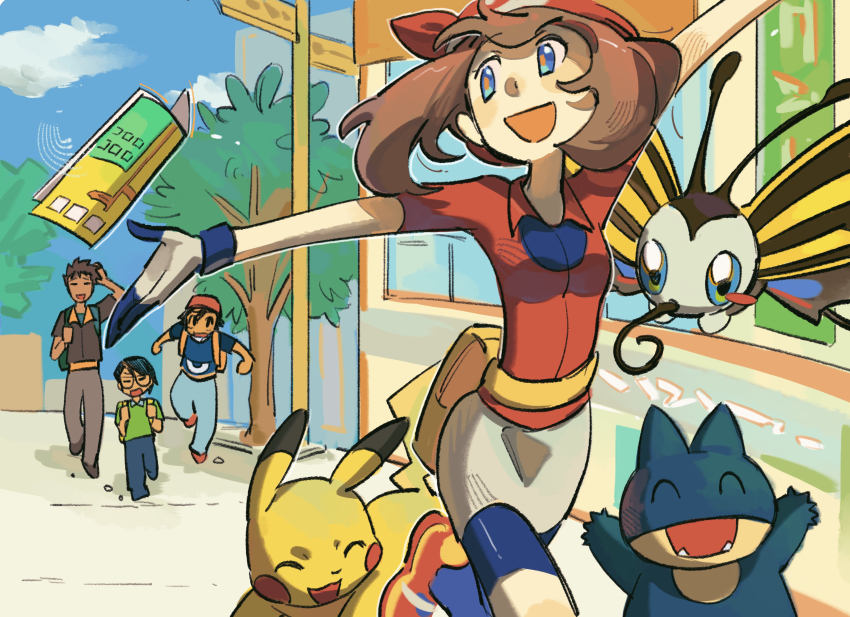 1girl 3boys :d absurdres ash_ketchum bandana beautifly bike_shorts_under_skirt blue_eyes brock_(pokemon) brown_hair cloud collared_shirt commentary day gen_1_pokemon gen_3_pokemon gen_4_pokemon grey_skirt highres kwastea max_(pokemon) may_(pokemon) multiple_boys munchlax nintendo open_mouth outdoors pikachu pokemon pokemon_(anime) pokemon_(creature) pokemon_rse_(anime) red_bandana red_footwear red_shirt running shirt shoes short_sleeves skirt sky smile socks symbol-only_commentary