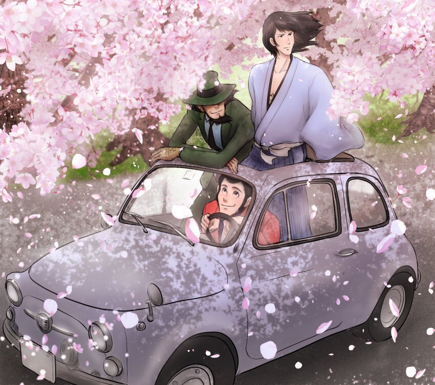 3boys arm_rest arsene_lupin_iii beard black_hair black_jacket black_necktie black_pants black_suit blue_hakama blue_kimono blue_shirt car cherry_blossoms driving facial_hair fedora fiat_500 floating_hair formal_clothes goekakisan_(adelma) hakama hat hat_over_eyes highres ishikawa_goemon_xiii jacket japanese_clothes jigen_daisuke kimono looking_to_the_side looking_up lupin_iii male_focus medium_hair motor_vehicle multiple_boys necktie open_roof_top pants red_jacket shirt short_hair sideburns suit white_car
