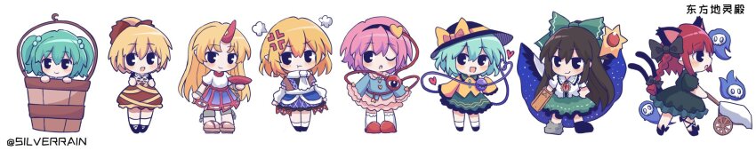 6+girls :d :o :t ;o anger_vein animal_ears ankle_lace-up arm_cannon arm_warmers asymmetrical_footwear black_bow black_eyes black_hairband black_hat black_shoes blonde_hair blue_cape blue_shirt blue_skirt blush bow braid brown_bow brown_dress brown_hair brown_shirt bucket cape cat_ears cat_girl cat_tail chibi chibi_only closed_mouth collared_shirt contrast_collar cuffs cup dress fire flaming_skull floating_skull frilled_dress frilled_shirt_collar frilled_skirt frilled_sleeves frills full_body green_bow green_dress green_hair green_skirt grey_shoes hair_bobbles hair_bow hair_ornament hairband hand_on_own_hip hashtag-only_commentary hat hat_bow heart heart_hair_ornament heart_of_string highres holding holding_cup horns hoshiguma_yuugi in_bucket in_container kaenbyou_rin kisume komeiji_koishi komeiji_satori kurodani_yamame long_hair long_image long_sleeves looking_at_viewer mizuhashi_parsee multiple_girls multiple_tails one_eye_closed open_mouth parted_bangs pink_hair pink_skirt print_cape puff_of_air red_hair red_horns red_slippers reiuji_utsuho sakazuki shirt shoes short_hair short_sleeves sidelocks silverrain simple_background single_horn skirt skull sky_print sleeves_past_fingers sleeves_past_wrists slippers smile socks standing tail third_eye third_eye_on_chest touhou twintails twitter_username two-sided_cape two-sided_fabric two_tails weapon wheelbarrow white_background white_cape white_shirt white_socks wide_image yellow_bow yellow_shirt