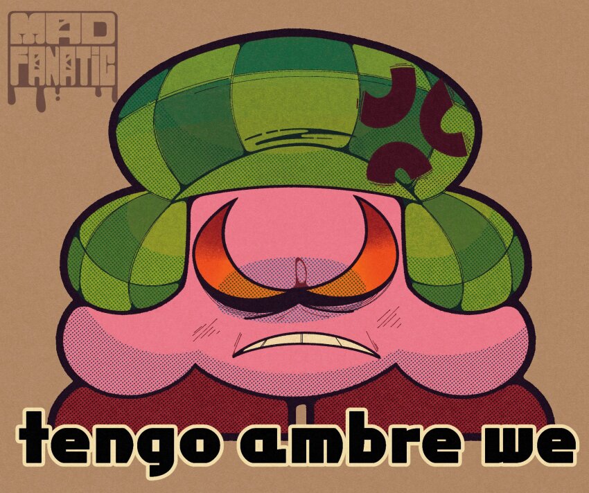 angry artist_logo brown_background colored_skin cosplay crossover el_chavo el_chavo_(cosplay) el_chavo_del_ocho green_hat hat highres kirby kirby:_right_back_at_ya! kirby_(series) logo nintendo no_humans pink_skin simple_background spanish_text the_mad_fanatic