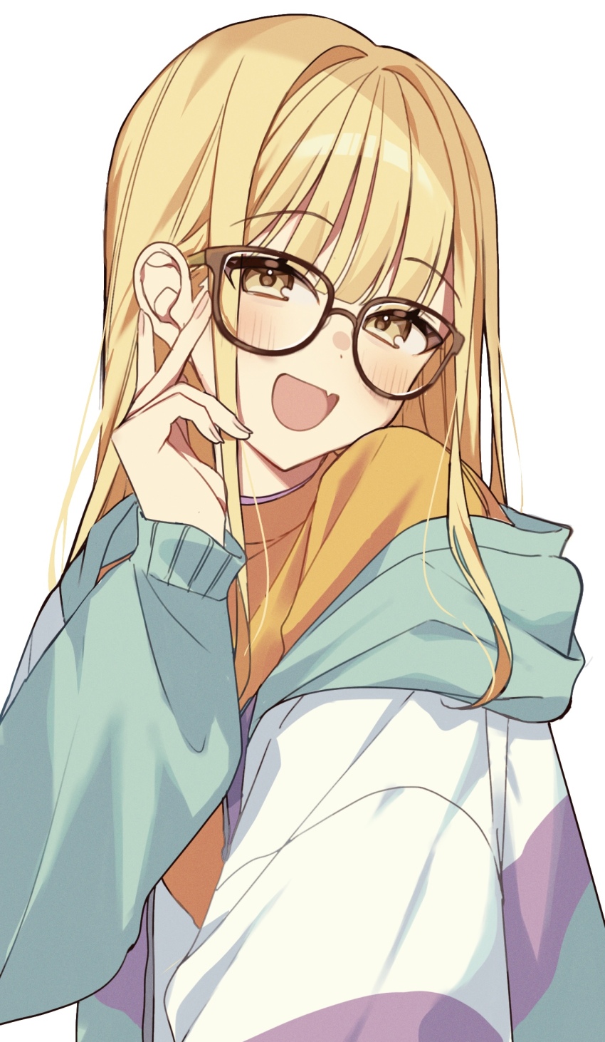 1girl blonde_hair blush commentary_request fang fujita_kotone gakuen_idolmaster glasses hair_down highres hood hooded_jacket idolmaster jacket open_mouth shirt sidelocks simple_background skin_fang solo upper_body usamimikurage white_background yellow_eyes yellow_shirt