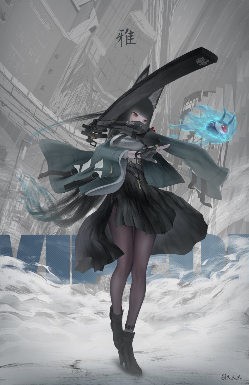 1girl 6ix.x.x absurdres animal_ear_fluff animal_ears arm_out_of_sleeve arm_up black_gloves black_hair black_necktie black_shoes black_skirt blue_fire blue_hair blunt_bangs bright_pupils brown_pantyhose eyeball fingerless_gloves fire floating fog fox_ears full_body gauntlets gloves green_jacket hand_up high-waist_skirt high_heels highres holding holding_sheath holding_weapon hoshimi_miyabi jacket long_hair long_sleeves looking_to_the_side multicolored_hair necktie open_clothes open_jacket pantyhose red_eyes scabbard sheath sheathed shirt shirt_tucked_in shoes single_fingerless_glove single_gauntlet skirt standing standing_on_one_leg sword tailless_(zenless_zone_zero) two-tone_hair very_long_hair weapon white_shirt wide_sleeves zenless_zone_zero