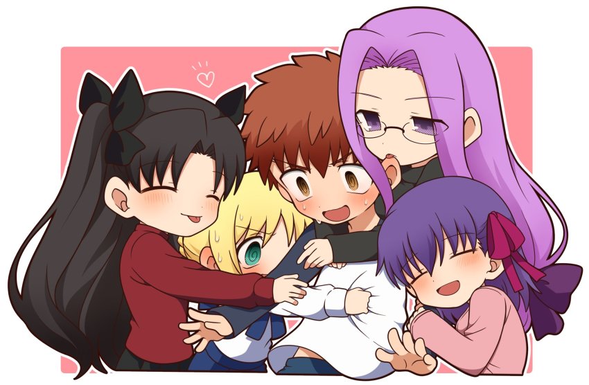 1boy 4girls @_@ ahoge artoria_pendragon_(fate) black_hair black_legwear black_skirt black_sweater blonde_hair blue_eyes blush breasts chibi denim emiya_shirou fate/stay_night fate_(series) glasses green_eyes hair_ribbon harem highres jeans large_breasts long_hair matching_hair/eyes matou_sakura medusa_(fate) medusa_(rider)_(fate) multiple_girls orange_hair pants pimp pleated_skirt purple_eyes purple_hair red_ribbon red_sweater ribbon saber_(fate) skirt smile square_pupils sweater thighhighs tohsaka_rin tsubuta_hiro two_side_up very_long_hair yellow_eyes zettai_ryouiki