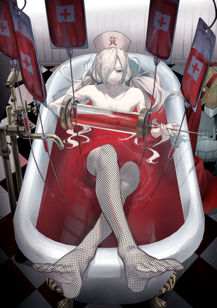 1girl absurdres bare_shoulders barefoot bathing bathtub binbougami_ga! blood blood_bag checkered_floor closed_mouth collarbone commentary convenient_censoring crossed_legs facing_viewer faucet feet fishnet_pantyhose fishnets full_body hair_over_one_eye hair_tie hat highres holding holding_syringe indoors large_syringe light_smile long_bangs long_hair lying_on_water matsuura_kento momiji_(binbougami_ga!) no_shoes one_eye_covered oversized_object pantyhose red_eyes reflection shadow solo syringe twintails white_hair