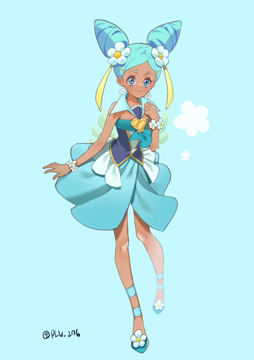1girl black_vest blue_background blue_eyes blue_hair blue_sandals blue_skirt blue_theme bracelet brooch closed_mouth cone_hair_bun cure_wave dark-skinned_female dark_skin dot_nose double_bun earrings flower flower_bracelet flower_earrings footwear_flower full_body green_wings hair_bun hair_flower hair_ornament hair_ribbon hairclip happinesscharge_precure! heart heart_brooch highres international_precure jewelry legs_apart looking_at_viewer magical_girl orina_(happinesscharge_precure!) plv_276 popped_collar precure ribbon sandals short_hair simple_background skirt smile solo standing twitter_username vest wings yellow_ribbon