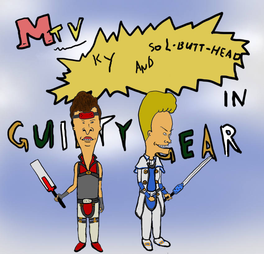 2boys arc_system_works bad_id bad_pixiv_id beavis beavis_and_butt-head beavis_and_butthead butthead cosplay crossover guilty_gear guilty_gear_x guilty_gear_xx headband highres kouseifukanou ky_kiske ky_kiske_(cosplay) mtv multiple_boys parody sol_badguy sol_badguy_(cosplay) sword weapon