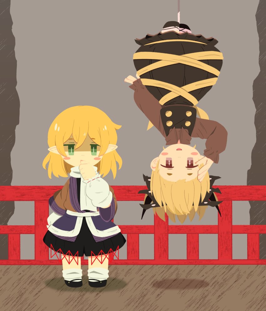 2girls absurdres arm_warmers biting biting_own_thumb black_bow black_dress black_footwear black_skirt black_vest blonde_hair blush_stickers bow brown_eyes brown_shirt buttons chibeany commentary_request dress foul_detective_satori full_body green_eyes hair_bow highres kurodani_yamame looking_at_viewer mary_janes medium_hair mizuhashi_parsee multiple_girls open_mouth pointy_ears railing sash scarf shaded_face shirt shoes short_hair short_sleeves silk skirt skirt_set smile socks spider_web standing touhou upside-down vest white_sash white_scarf