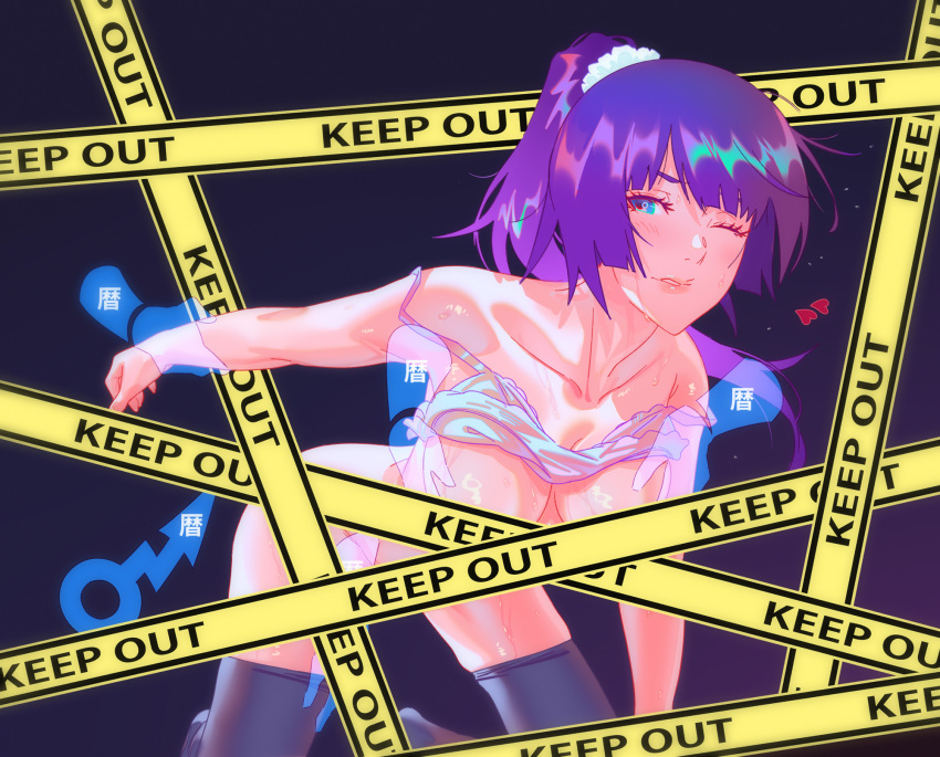 1girl all_fours black_thighhighs blue_eyes breasts caution_tape censored collarbone disembodied_hand eyelashes gradient_background groping hair_ornament hair_scrunchie highres holding_another&#039;s_wrist long_hair medium_breasts monogatari_(series) nisemonogatari one_eye_closed parted_lips ponytail purple_background rapa_rachi scrunchie senjougahara_hitagi skindentation solo_focus sweatdrop thighhighs torn_clothes