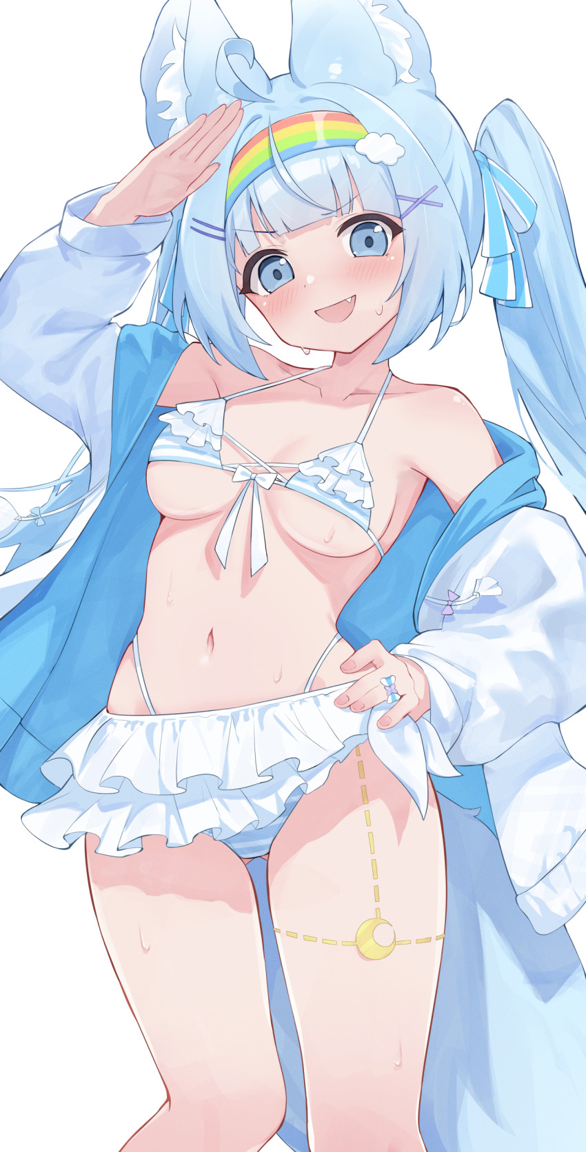 1girl absurdres animal_ears arm_up armpits bare_shoulders bikini bikini_skirt bitseon blue_eyes blue_hair breasts commission fang fox_ears fox_tail front-tie_bikini_top front-tie_top hairband halterneck hand_on_own_hip highleg highleg_bikini highres jacket long_hair long_sleeves looking_at_viewer navel off_shoulder open_clothes open_jacket open_mouth original rainbow_hairband salute simple_background small_breasts smile solo sora_(isolet_sdvx) stomach string_bikini swimsuit tail thighs twintails v-shaped_eyebrows wet white_background white_bikini white_jacket