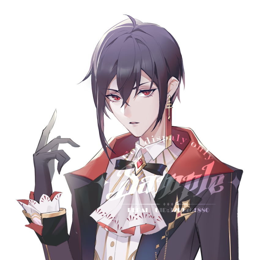 1boy ascot asymmetrical_sidelocks ayn_alwyn ayn_alwyn_(godheim) bebai black_bow black_bowtie black_gloves black_hair black_jacket bow bowtie brooch chinese_commentary collared_shirt earrings frilled_sleeves frills gem gloves hair_between_eyes hand_up highres jacket jewelry lapel_pin lapels long_sleeves looking_at_viewer lovebrush_chronicles male_focus notched_lapels open_clothes open_jacket parted_lips red_eyes red_gemstone sample_watermark shirt short_hair simple_background single_earring sleeve_cuffs solo upper_body v-shaped_eyebrows watermark white_ascot white_background white_shirt