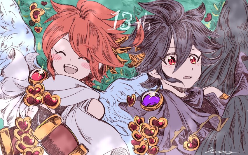2boys ahoge angel angel_wings anniversary black_hair blush_stickers closed_eyes dark_pit heart highres kid_icarus kid_icarus_uprising laurel_crown male_focus multiple_boys nintendo pit_(kid_icarus) red_eyes rune_(ruupokesmash54) signature sparkle wings