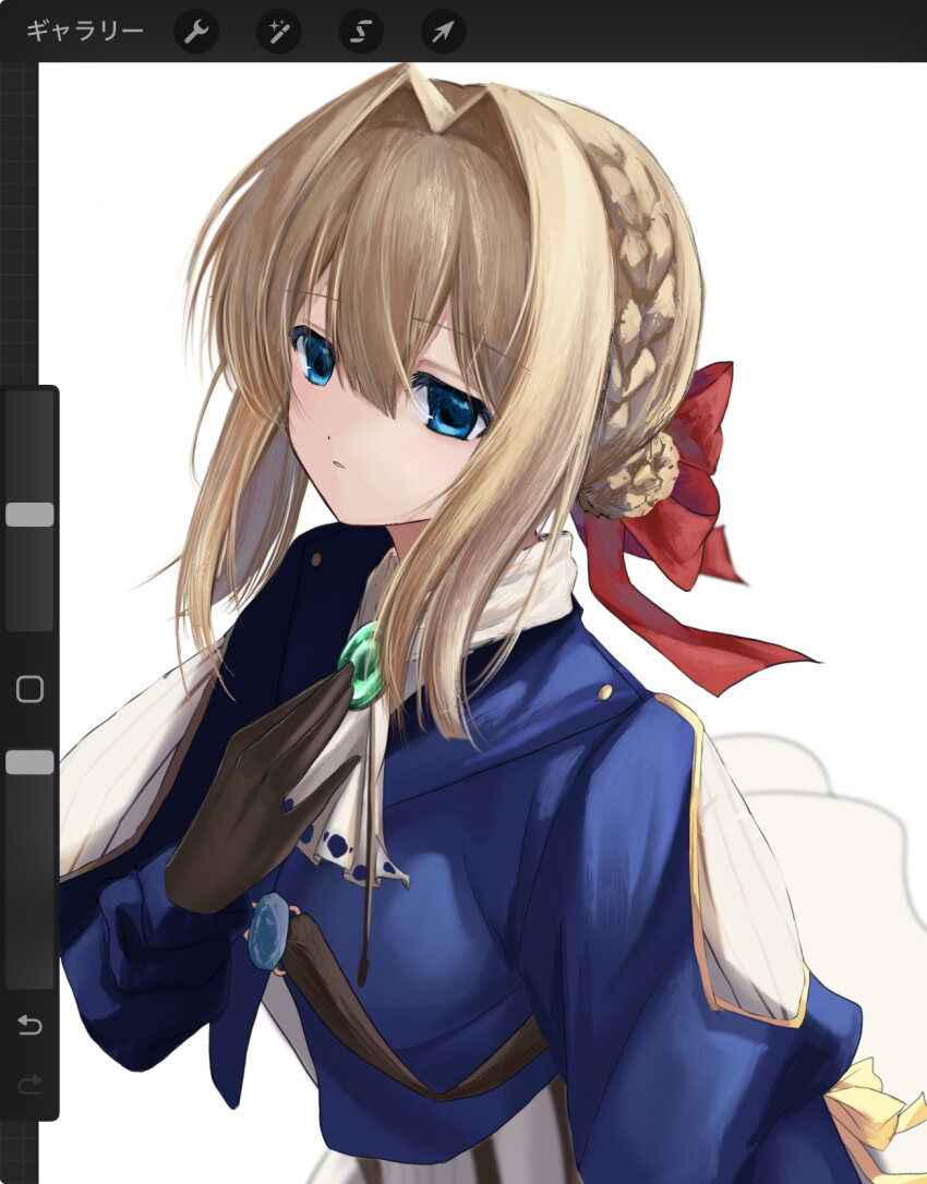 1girl art_program_in_frame ascot blonde_hair blue_eyes blue_jacket braid braided_bun brooch brown_gloves crown_braid dot_nose dress gem gloves green_gemstone hair_between_eyes hair_bun hair_intakes hair_ribbon hand_on_own_chest highres jacket jewelry long_sleeves looking_afar nemu_(zutto_oyasu3) parted_lips puffy_sleeves red_ribbon ribbon short_hair solo violet_evergarden violet_evergarden_(series) white_ascot white_dress