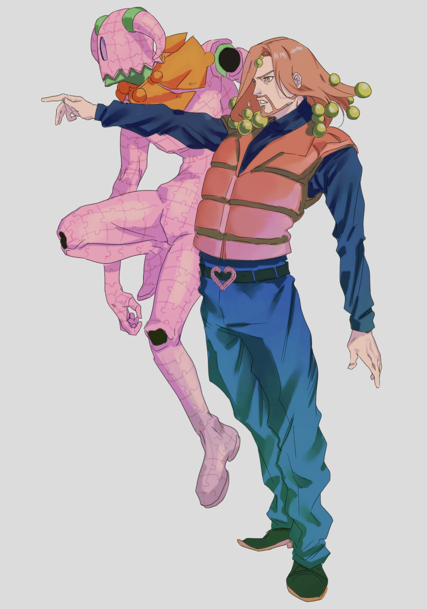1boy 1other beard belt belt_buckle black_belt blue_pants blue_shirt brown_eyes brown_hair brown_vest buckle colored_skin commentary_request facial_hair full_body hair_bobbles hair_ornament higashikata_norisuke_iv highres jojo_no_kimyou_na_bouken jojolion king_nothing long_hair male_focus pants pink_skin pointing polyphone puzzle_piece shirt stand_(jojo) vest