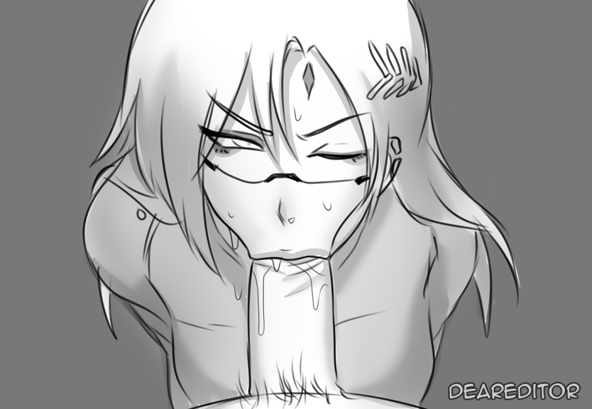 deareditor facial_mark falke_(signalis) fellatio large_penis monochrome one_eye_closed oral penis pubic_hair signalis sweatdrop tagme