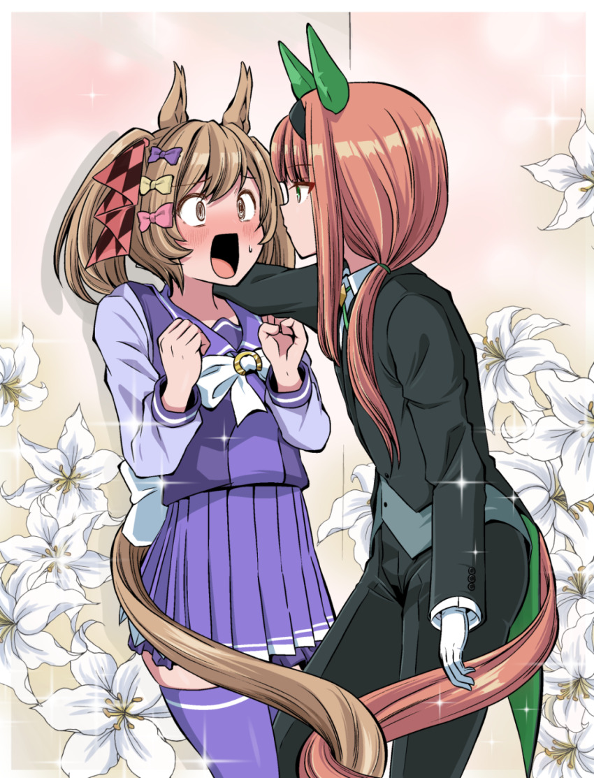 2girls alternate_costume animal_ears black_pants blue_thighhighs blush bow brown_eyes brown_hair checkered_ribbon eye_contact flower formal_clothes gloves hair_bow hair_ribbon highres horse_ears horse_girl horse_tail long_hair long_sleeves looking_at_another multiple_girls open_mouth orange_hair pants pink_bow purple_bow red_ribbon ribbon school_uniform shino_(ponjiyuusu) short_hair silence_suzuka_(umamusume) smart_falcon_(umamusume) standing suit tail thighhighs tracen_school_uniform umamusume white_flower white_gloves yellow_bow yuri zettai_ryouiki