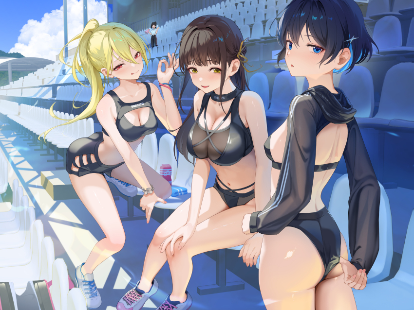 4girls absurdres adjusting_clothes ass black_buruma black_hair black_shorts black_shrug black_sports_bra blue_eyes breasts brown_ribbon buruma cleavage closed_mouth clothing_cutout colored_inner_hair commentary_request day green_hair grey_shoes hair_ornament hair_ribbon half-closed_eyes hand_on_own_knee highres hooded_shrug knee_up large_breasts leaning_forward leaning_on_object long_hair long_sleeves looking_at_viewer looking_back maeshimashi median_furrow multicolored_hair multiple_girls navel no_shirt original outdoors parted_lips ponytail raised_inner_eyebrows red_eyes ribbon shade shadow shoes shorts shrug_(clothing) sitting smile sports_bra stadium standing star_(symbol) star_hair_ornament stomach straight_hair sunlight tongue tongue_out turning_head