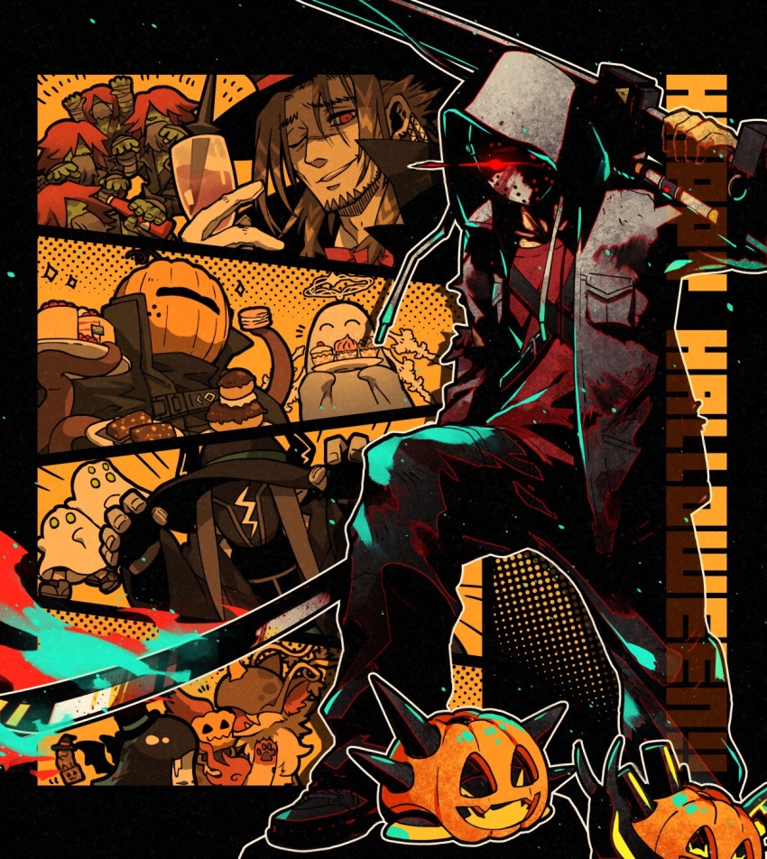 andoain_(arknights) arknights beard bitey_(arknights) cake cannot_goodenough cup cupcake drinking_glass dual_wielding facial_hair food ghost_costume glowing glowing_eye halloween_costume happy_halloween hat hateful_avenger_(arknights) highres hockey_mask holding hood hooded_jacket jack-o&#039;-lantern jacket jesselton_williams_(arknights) katana mask morini_ochiteru originium_slug_(arknights) outstretched_arms pumpkin_on_head sarkaz_caster_(arknights) sword top_hat weapon wine_glass wizard_hat yellow_background zombie_pose