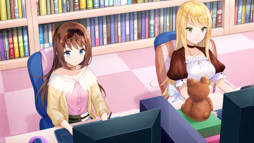 2girls ahoge black_choker blonde_hair blue_eyes bookshelf breasts brown_cardigan brown_hair cardigan chair checkered_floor choker closed_mouth collarbone drawing_tablet game_cg green_eyes green_skirt hairband holding holding_stylus indoors large_breasts long_hair maid monitor multicolored_hairband multiple_girls non-web_source office_chair official_art on_chair open_cardigan open_clothes otori_ai pink_shirt puffy_short_sleeves puffy_sleeves shirt short_sleeves sidelocks sitting skirt small_breasts smile stuffed_animal stuffed_toy stylus swivel_chair tachibana_nana teddy_bear working yumeutsutsu_re:master