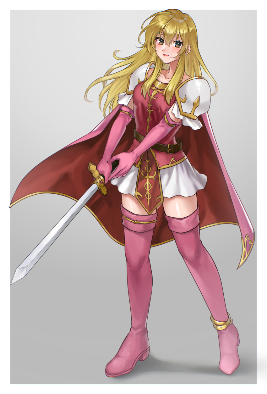 1girl absurdres anklet armor blonde_hair boots breasts elbow_gloves fire_emblem fire_emblem:_genealogy_of_the_holy_war full_body gloves grey_background grey_eyes hazuki_(nyorosuke) highres holding holding_sword holding_weapon jewelry lachesis_(fire_emblem) long_hair looking_at_viewer medium_breasts miniskirt nintendo pauldrons pink_boots pink_gloves pink_shirt shirt shoulder_armor simple_background skirt smile solo standing sword thigh_boots weapon white_skirt