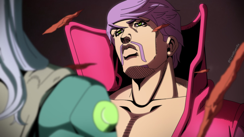 2boys araki_hirohiko_(style) closed_mouth facial_hair fake_screenshot goatee grandguerrilla green_eyes gyro_zeppeli high_collar jojo_no_kimyou_na_bouken long_hair male_focus multiple_boys official_style purple_hair ringo_roadagain short_hair steel_ball_run twitter_username