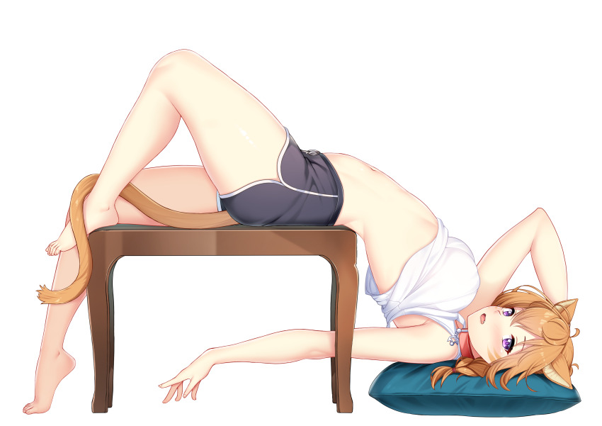 1girl absurdres alternate_costume animal_ears barefoot belly blush braid breasts cat_ears cat_girl choker collar commission commissioner_upload dolphin_shorts facepaint facial_mark fang fire_emblem fire_emblem:_path_of_radiance fire_emblem:_radiant_dawn highres large_variant_set looking_at_viewer lying lyre_(fire_emblem) medium_breasts messy_hair nabunabu navel nintendo open_mouth orange_hair orange_tail pillow pink_choker pink_collar purple_eyes shorts solo stomach tank_top thick_thighs thighs variant_set whisker_markings white_background white_tank_top