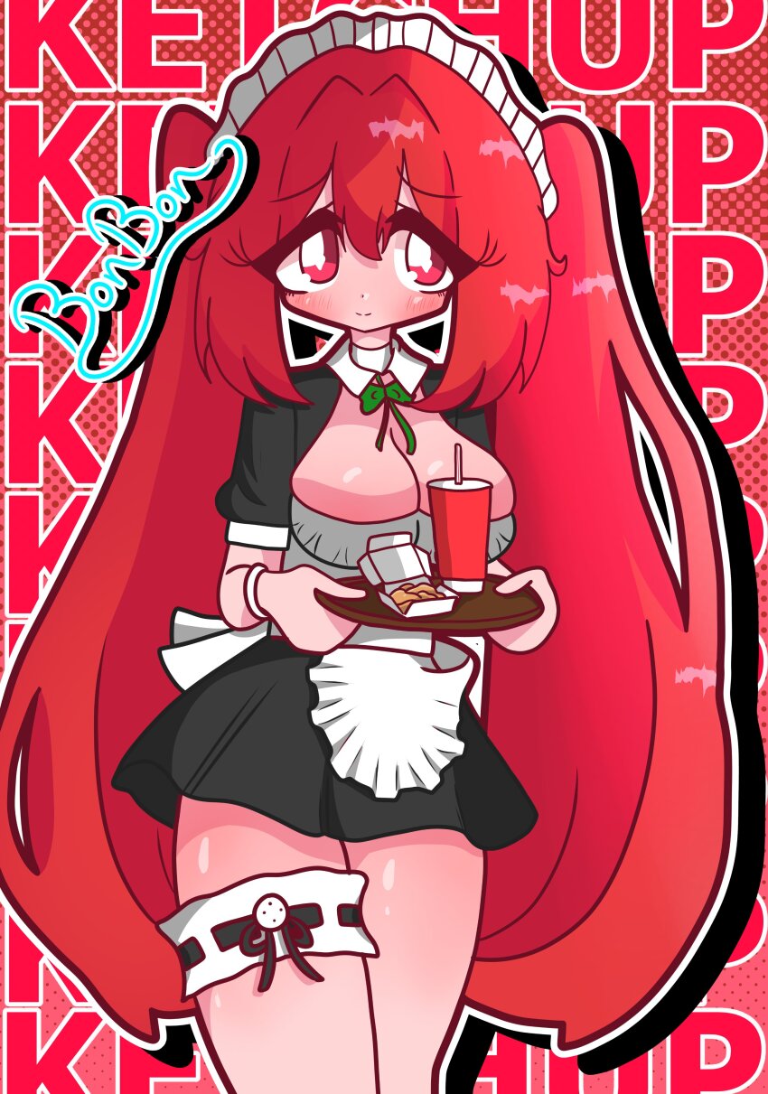 1girl absurdres apron back_bow black_dress bonbon_(bonzomcbonbon) bow breasts character_name chicken_nuggets cleavage cup dress frilled_apron frills green_ribbon heart heart-shaped_pupils highres holding holding_plate ketchup_(bonzomcbonbon) large_breasts long_hair maid maid_apron maid_headdress original outline plate polka_dot polka_dot_background red_eyes red_hair ribbon short_sleeves shy signature soda solo symbol-shaped_pupils thigh_strap very_long_hair white_apron white_outline