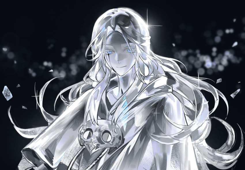 1girl black_background blue_eyes blurry bokeh capelet chinese_commentary commentary_request depth_of_field final_fantasy final_fantasy_xiv greyscale half_updo highres liiger long_hair looking_at_viewer mask mask_around_neck monochrome shards smile solo sophist&#039;s_robe_(ff14) sparkle spot_color unworn_mask upper_body venat_(ff14) wavy_hair