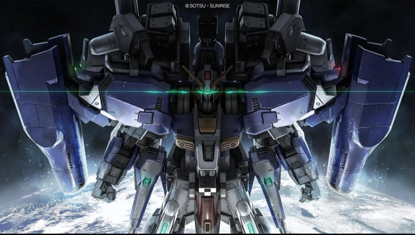 copyright_logo crater ex-s_gundam glowing glowing_eyes green_eyes gundam gundam_battle_operation_2 gundam_sentinel in_orbit lens_flare looking_at_viewer machinery mecha mecha_focus mobile_suit moon official_art painting_(medium) promotional_art realistic robot scan science_fiction space sunrise_(company) tenjin_hidetaka traditional_media v-fin zero_gravity