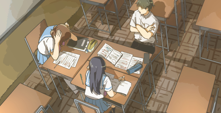 1boy 2girls black_hair brown_hair chair crossed_arms fluffy_hair from_above fuyuhino hands_on_own_head hibike!_euphonium kousaka_reina long_hair medium_hair multiple_girls oumae_kumiko paper pen school_uniform short_hair sitting sketch table tsukamoto_shuuichi wide_shot